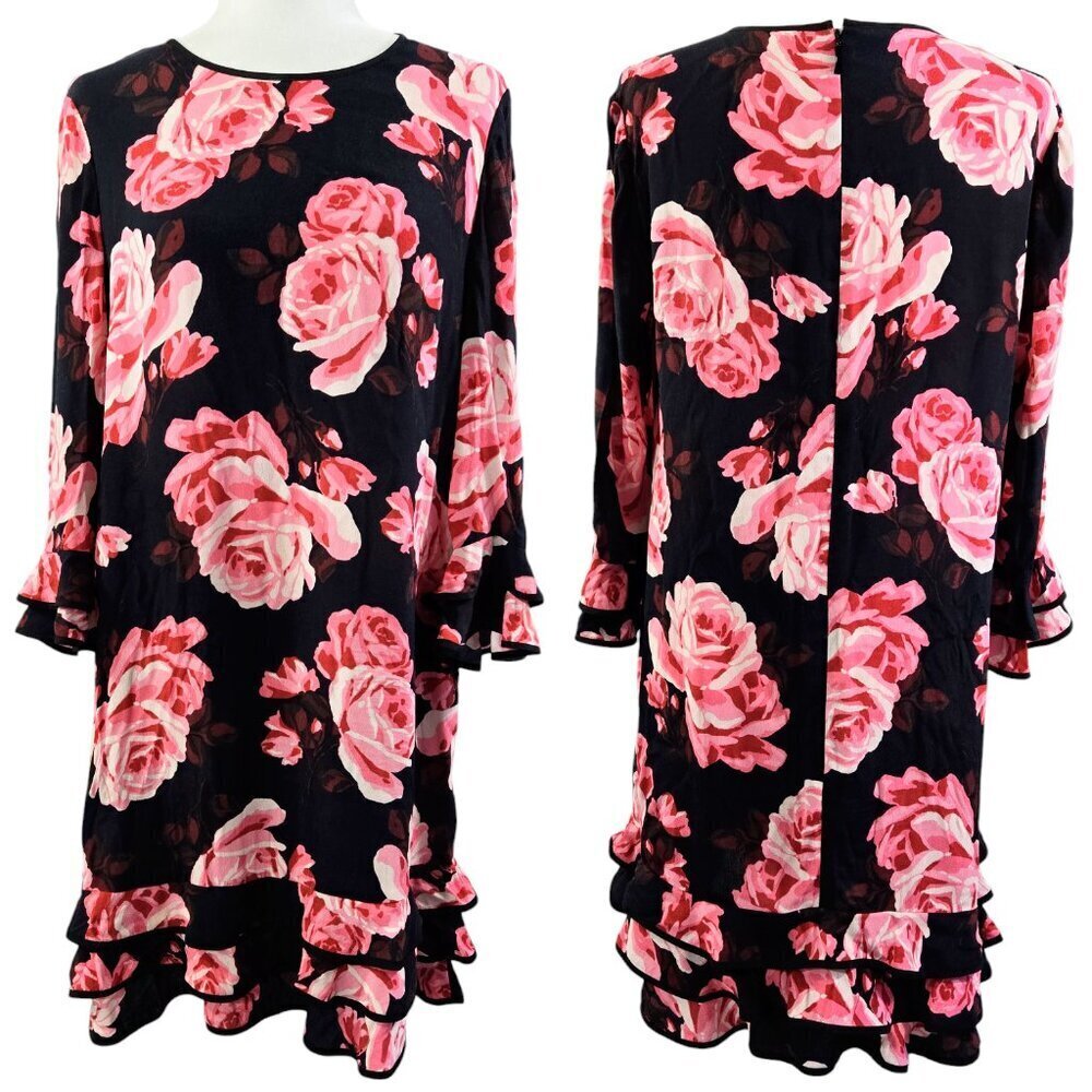 Kate Spade Rosa Black Pink Floral Tiered Ruffle Dress Romantic Date Night